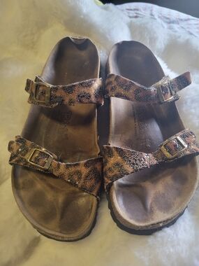 Birkenstock Leopard Print Two-Strap Sandals in Brown and Tan